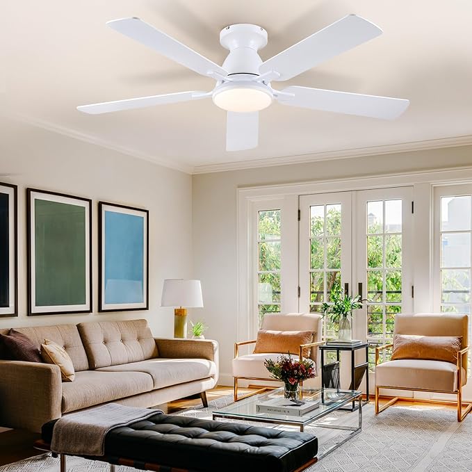 Ceiling Fans with Lights- 52" RGB Low Profile Indoor Ceiling Fan with Light and Remote/APP Control, Flush Mount, LED Dimmable DC Reversible Modern Ceiling Fan for Bedroom（White）