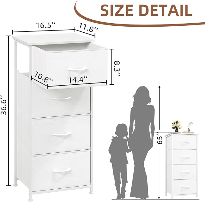 Somdot Dresser for Bedroom with 4 Drawers, Storage Organizer Chest of Drawers with Removable Fabric Bins for Closet Bedside Living Room Laundry Entryway Hallway, White Leather