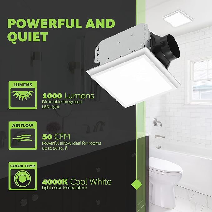 Homewerks 7141-50-G4 Bathroom Fan Integrated LED Light Ceiling Mount Exhaust Ventilation Ultra Quiet 0.7 Sones 50 CFM, White