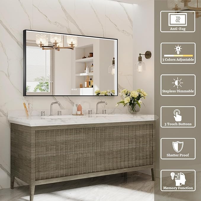 48x28 Inch LED Bathroom Mirror, Black Metal Framed Lighted Mirror for Bathroom, Wall Mouted LED Vanity Mirror with Lights, 3 Colors and Stepless Dimmable, Anti-Fog, Memory