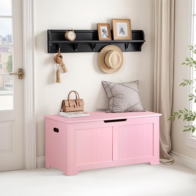 Wooden Storage Chest Box with Flip-top Lid & Safety Hinge, 39.4 Inch Living Room Organizer, Bedroom Bench, Pink