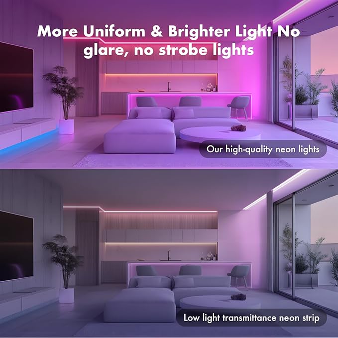 Neon Rope Lights, 50FT RGB Led Strip, Waterproof IP67, DIY Design, Music Sync, 44 Keys Remote Control, Multiple Modes, for Living Room, Bedroom, Holiday Decoration