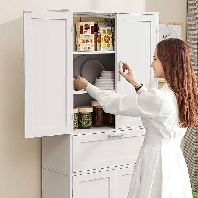 Iwell Tall Storage Cabinet with Adjustable Shelf & 1 Large Drawer, Pantry Cabinet with 4 Doors, Bathroom Cabinets, Kitchen Cabinets for Dining Room, Living Room, Home Office, White