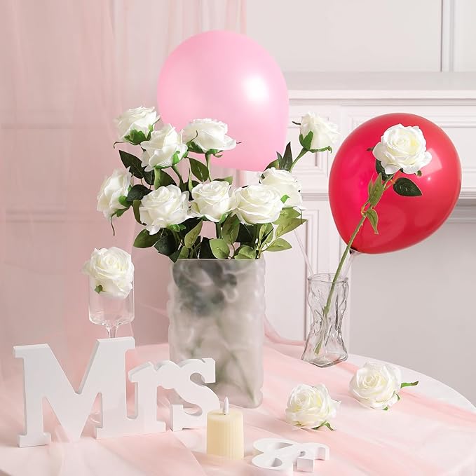 JUSTOYOU 30PCS Artificial Roses Silk Flowers in Bulk, Realistic White Fake Roses for Wedding Decorations, Home Decor, Centerpieces, Indoor Floral Arrangements