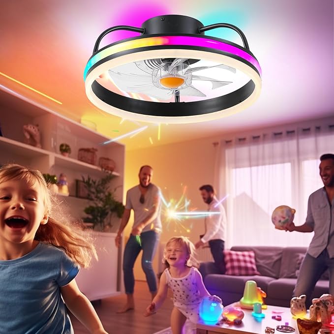 Ceiling Fan-Low Profile Ceiling Fan with Light - Modern Flush Mount Ceiling Fan,16" RGB Dimmable LED Enclosed Ceiling Fans,Modern Bladeless LED-RGB Ambient Light for Bedroom Kids Room Party（Black）