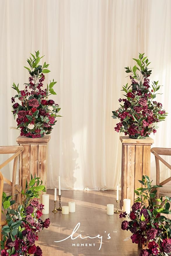 Ling's moment 41" Tall Fall Free Standing Artificial Flowers Arrangements 2pcs Wedding Aisle Runner Chair Decoration Fake Bordeaux Red for Arch Entryway Ceremony Reception Church Rose Floral Party