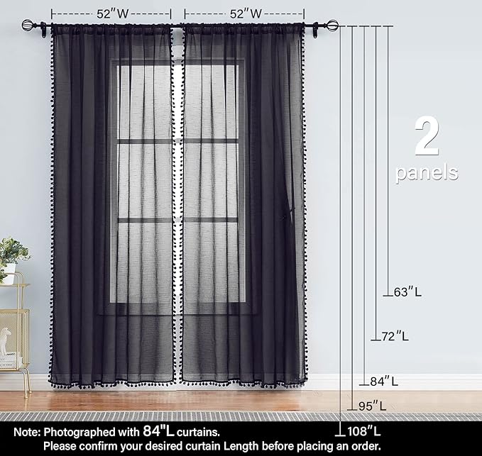 Treatmentex Black Pom Pom Sheer Curtains for Bedroom 63" Linen Texture Decorative Voile Draperies Chic Solid Sheer Curtain Panels for Living Room 52" w 2 Pack