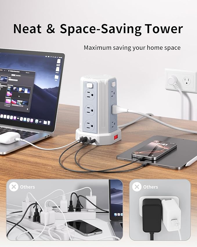 Power Strip Surge Protector, 10 Ft Extension Cord with 12 AC Multiple Outlets 4 USB (1 USB C), SMALLRT Power Tower Desktop Charging Station