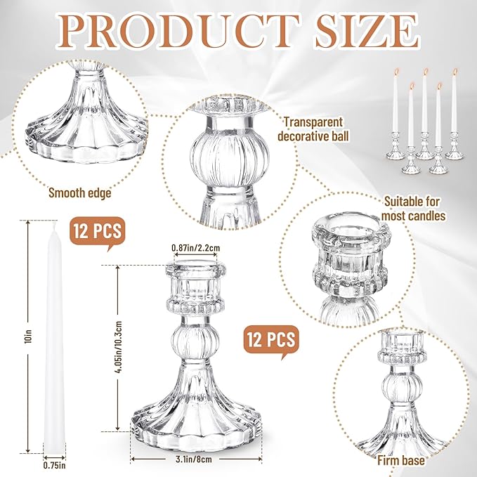 Suclain 24 Pcs Glass Taper Candle Holder Sets 12 Candlestick Holder with 12 White Long Candles for Wedding Party Decor Dinner Decoration(Clear)