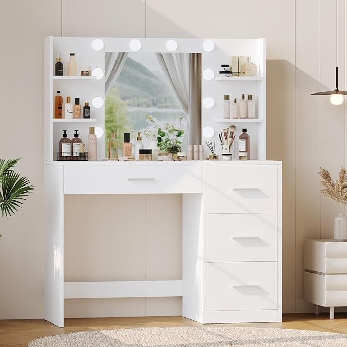 Irontar Vanity Desk, Makeup Vanity with 10 LED Lights & 4 Drawers, Brightness Adjustable, Dressing Table with 6 Open Storage, Makeup Table for Women, White WDT003W