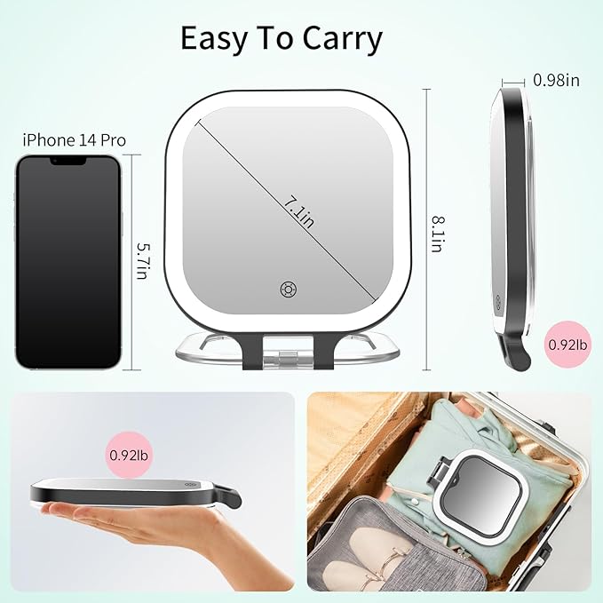 FASCINATE 20X Magnification Rechargeable Travel Makeup Mirror, 7" Lighted Portable Vanity Mirror with 3 Colors Lighting & Stepless Dimming, Double Sided LED Mirror, Gift for Women (Black)