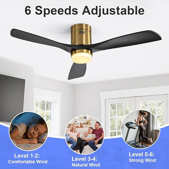 Sofucor 52 Inch Ceiling Fans with Lights, Flush Mount Black Indoor/Outdoor Ceiling Fan with Light Remote Control, Reversible DC Motor, 3 Blade Solid Wood Ceiling Fan Light for Bedroom Patio Farmhouse