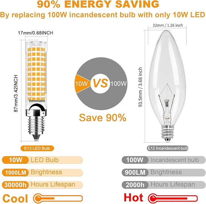 TAIYALOO Dimmable E12 LED Candelabra Bulb 100W Equivalent, Warm White 3000K, 1000 Lumen T6 E12 10W LED Chandelier Light Bulbs for Ceiling Fan Pendant Lighting Salt Lamp, 6 Pack