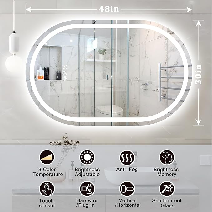 Oval LED Bathroom Mirror 48x30 Inch,Frameless LED Oval Bathroom Mirror with Lights,Anti-Fog Mirror for Bathroom Wall with Light,Dimmable 3 Color Vanity Mirror with Light(Horizontal/Vertical)