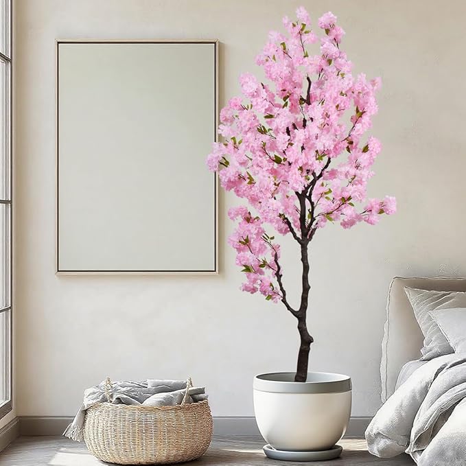 Artificial Pink Cherry Blossom Tree 7 FT Faux Flowering Trees Fake Cherry Blossom Decorative Tree Indoor for Home Decor