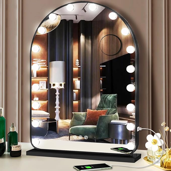 Hollywood Arch Black Vanity Makeup Mirror with Lights 18 Bulbs Dimmable 3Color Black Lighted Vanity Mirror for TableTop Wall Detachable Base X10 Magnifying Arch Makeup Desk Mirror with Lights