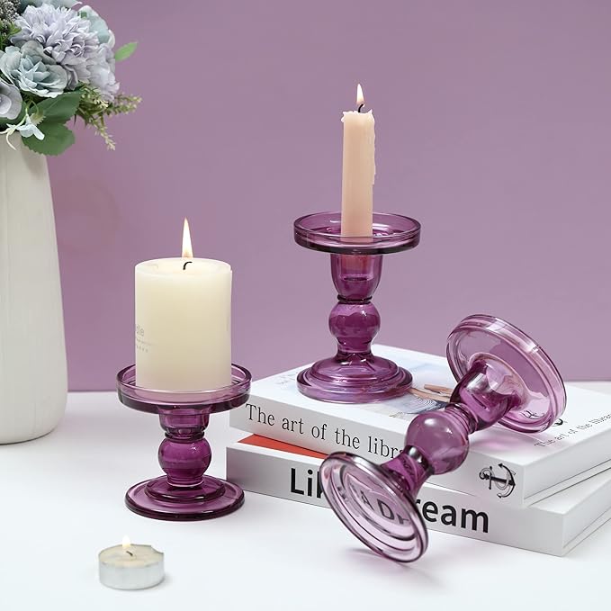 GMWD 3 Pcs Glass Candle Holder Set Clear, Purple Candlesticks Holders Pillar Taper Candles Tealight Stand for Wedding Centerpieces Home Decorations Dining Table
