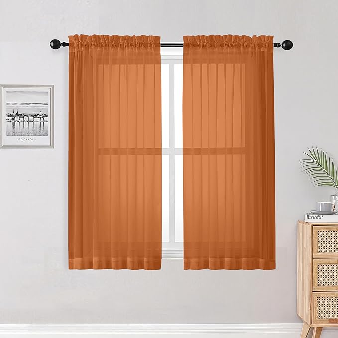 OWENIE Sheer Curtains 54 inches Long for Living Room Bedroom, Rod Pocket Light Filtering Voile Sheers Panels Drapes Small Window Treatments 2 Panels, 42" W x 54" L, Orange