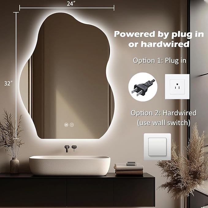 LED Bathroom Mirror with Lights 24x32, Stepless Dimmable Irregular LED Mirror with 3 Colors, Anti-Fog, Memory, Al-Alloy Lampshade, Frameless Makeup Mirror for Bathroom (Vertical Only)