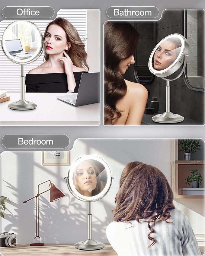 Makeup Mirror with Lights, 1X/30X Lighted Magnifying Mirror Height Adjustable, 3000mAh Rechargeable Double Sided Vanity Mirrors with 3 LED Lighting and Adjustable Brightness for Desk Women Gift