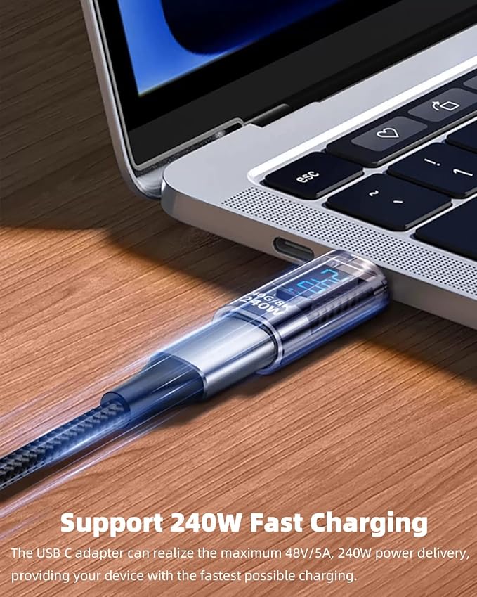 AreMe 240W USB C Adapter with LED Digital Display (2 Pack), USB-C Male to Female Connector for iPhone 16/15 Series, iPad Air/Pro, MacBook, Support Voltage, Current and Power Smart Display