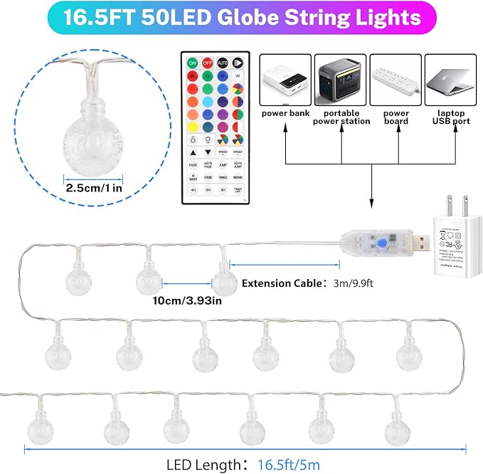 OMIKA Color Changing Indoor String Light USB Plug, 16.5ft 50 LEDs Crystal Globe Fairy Lights with Remote Timer Ambient Lighting for Girls Bedroom Home Xmas Halloween Party Decor (24 Colors)