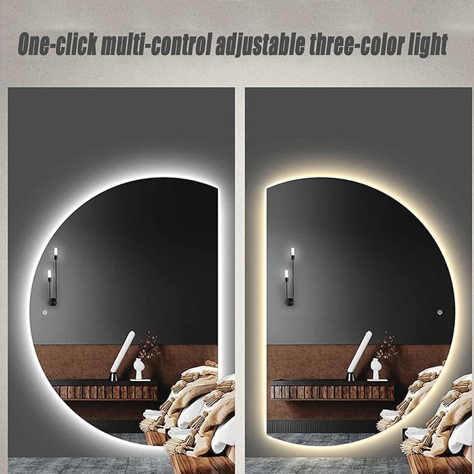 Half Moon LED Bathroom Mirror,Frameless Backlit Wall Mirror, Anti-Fog Smart Vanity Mirror,3 Colors Lights Dimmable Brightness and Time,Touch Switch (Left Semicircle, 100 * 70)