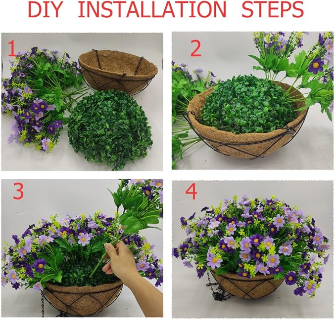 Artificial Hanging Flowers with Basket,Fake Daisy Flowers in 12 inch Coconut Lining Hanging Baskets for The Decoration of Courtyard, Indoors, and Outdoors(Purple)