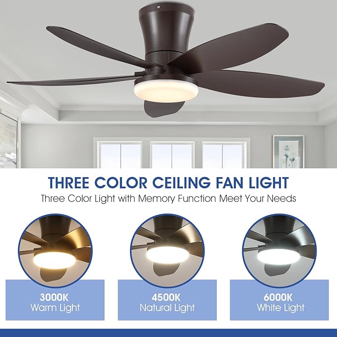 36IN Ceiling Fans with Light and Remote/APP Control, 5-Blade Reversible Motor Ceiling Fan, 3-Color Dimmable Lighting, All-Brown Finish