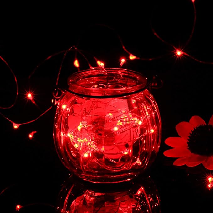 Mikasol Fairy Lights Battery Operated, 4 Packs Mini 3*AAA Battery Powered Copper Wire Led Starry String Lights Firefly Lights for Bedroom, Christmas, Parties, Decoration (5m/16ft Red)
