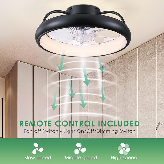 Ceiling Fans,Flush Mount Ceiling Fans with Lights and Remote Control, Low Profile Ceiling Fan with Light and Remote, Modern Ceiling Fan, Reversible, Dimmable, Noiseless(Black)