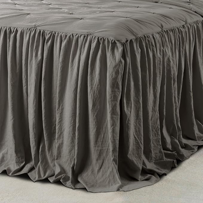 Lush Decor Ravello Pintuck Ruffle Skirt Bedspread Set - Luxe 2 Piece Ruffled Bedding Set - Traditional Glam & Farmhouse Inspired Bedroom Decor - Twin, Dark Gray
