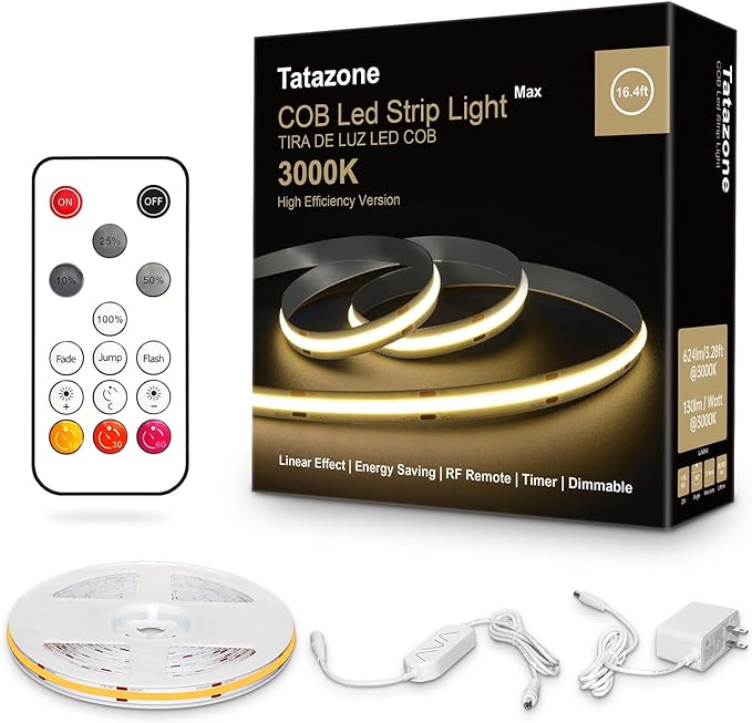 White COB Led Strip Lights Max with RF Remote, 16.4ft 3000K Dimmable Ultra Bright Warm White COB Light Strip, Adhesive Indoor COB Led Lights for Living Room, Shelf, Cabinet