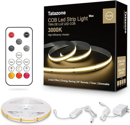 White COB Led Strip Lights Max with RF Remote, 16.4ft 3000K Dimmable Ultra Bright Warm White COB Light Strip, Adhesive Indoor COB Led Lights for Living Room, Shelf, Cabinet
