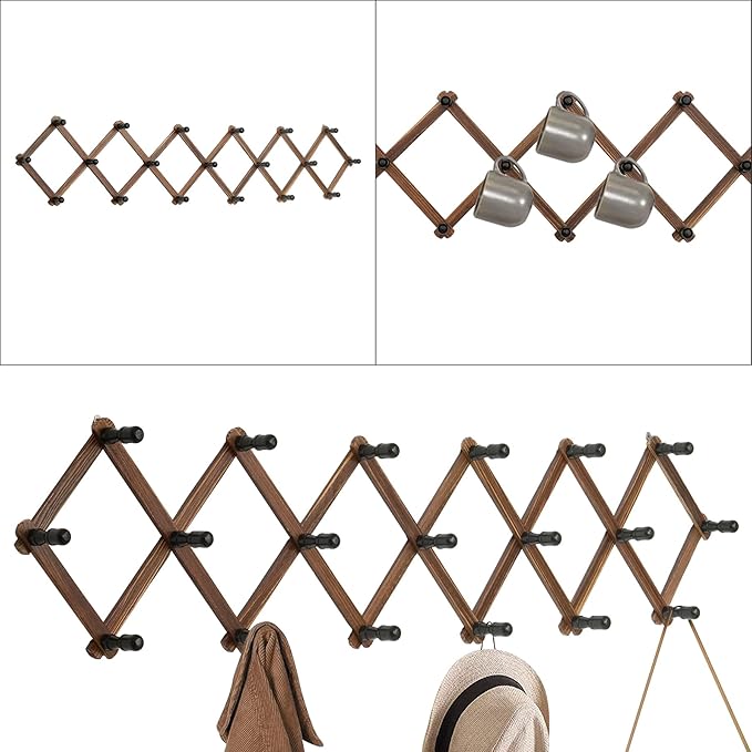WGFKVAS Expandable Coat Rack, Accordion Wall Hangers, 19 Hooks Wooden Hat Rack Wall Mounted, Hat Hooks for Keys, Coffee Mug, Coats