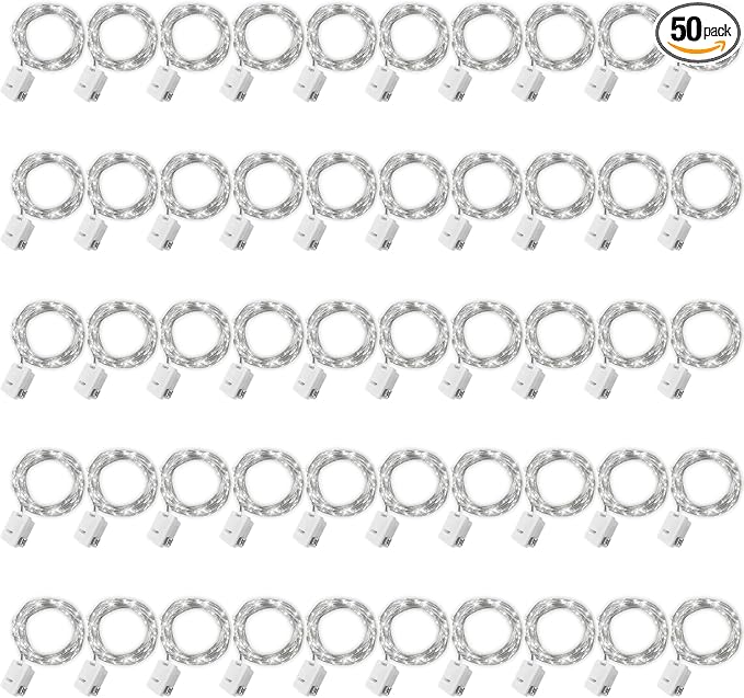 50 Pack Fairy Lights Battery Operated - 3 Speed Modes, 7Ft 20 LED String Twinkle Lights, Waterproof Copper Wire, Mini Firefly Light for Mason Jars Vases Christmas Decor, White