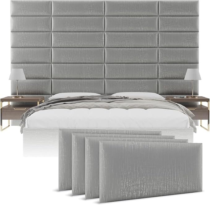 Vänt Upholstered Wall Panels - Queen/Full Size Wall Mounted Headboards - Metallic Silver - Set of 4 Panels (Each Individual Panel 30"x11.5")