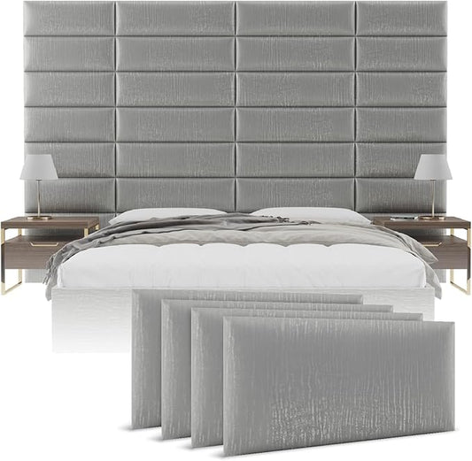 Vänt Upholstered Wall Panels - Queen/Full Size Wall Mounted Headboards - Metallic Silver - Set of 4 Panels (Each Individual Panel 30"x11.5")