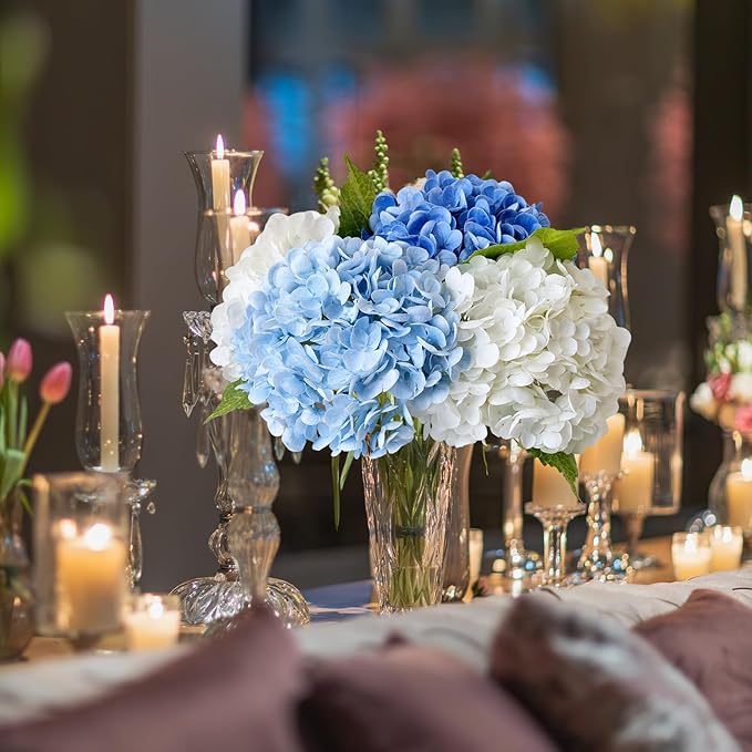 YalzoneMet 4 Pcs Real Touch Hydrangea Artificial Flower Natural Lifelike 21'' Long Stem Latex Hydrangea Flower Gift for Home Party Outdoor Wedding Table Centerpiece Decor 2 White +1 Blue +1 Light Blue
