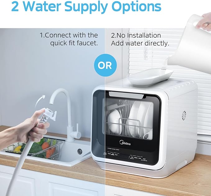 Midea MDC17P0ABB Portable Countertop Mini 5L Built-in Water Tank, No Hookup Needed, 6 Programs, 360° Dual Spray, 162℉ High-Temp& Air-Refresh Function, Dishwasher for Apartments& RVs, Black