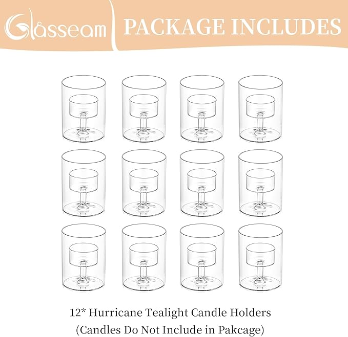 Glasseam Tea Lights Candle Holder: Set of 12 Decorative Modern Clear Glass Cylinder Candle Holders for Table Wedding Centerpiece Birthday Party Decorations