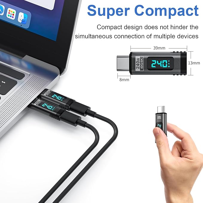 Digital Display USB C Magnetic Adapter PD240W 24Pin(2 Pack) with Voltage Current Power LED Display, Type C Power Meter Tester Straight USBC 4 40Gbps 8K 60Hz for Thunderbolt 3/4, MacBook Pro/Air