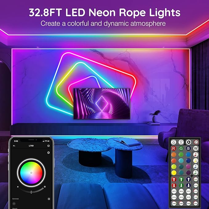 AILBTON 32.8Ft Neon Rope Lights,Flexible Led Rope Lights Control with App/Remote,Multiple Modes Rope Lights,IP65 Outdoor RGB Led Neons Lights,Music Sync Gaming Led Neon Light Strip for Bedroom Decor