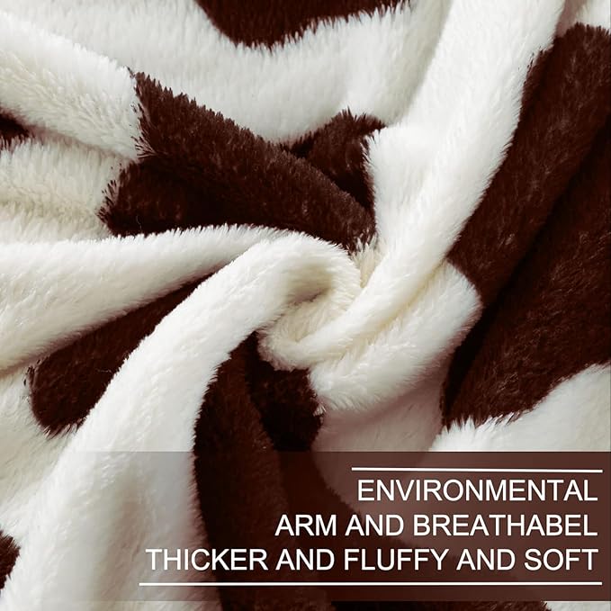 Richave Fleece Cow Print Blanket for All Season - Premium Lightweight Anti-Static Brown and Ivory Throws Travel Blankets Plush Gift for Daughter Mom, Bedroom Decor 51" x 60"(Brown Cow)