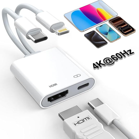 2 in 1 USB-C and Lightning to HDMI Adapter, 4K@60Hz Lightning/Type C Digital AV HDMI Adapter Cord Compatible with iPhone 17 16 15 14 13 iPad MacBook for HDTV/Projector/Monitor