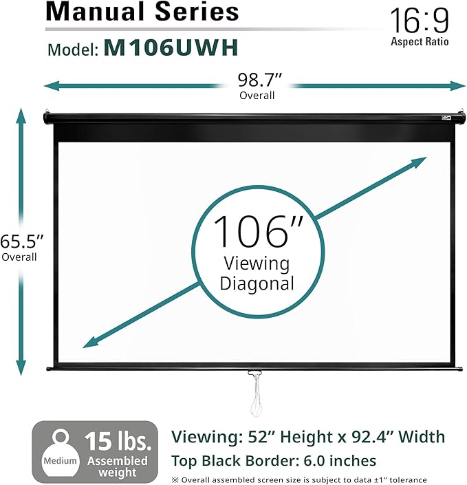 Elite Screens Manual Series, 106-INCH 16:9, Pull Down Manual Projector Screen with AUTO LOCK, Movie Home Theater 8K / 4K Ultra HD 3D Ready, 2-YEAR WARRANTY, M106UWH, Black
