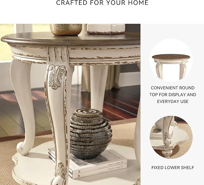 Signature Design by Ashley Realyn French Country Round End Table Two-Tone Accent Table – Chipped White