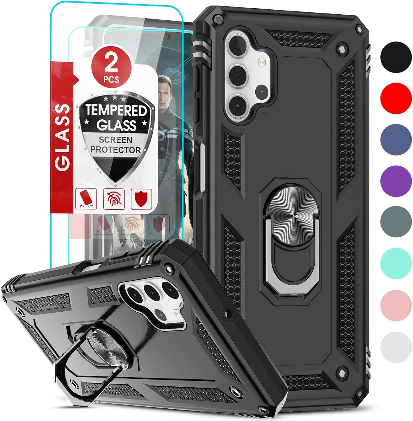 LeYi Samsung Galaxy A32 5G Phone Case, [2 Pack] Tempered Glass Screen Protector, Military-Grade Ring Kickstand Case