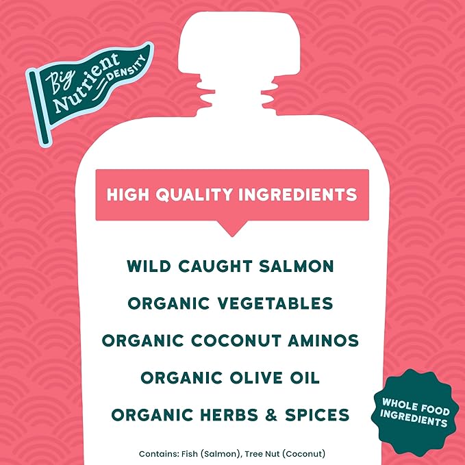 Serenity Kids 6+ Months Salmon Teriyaki Organic Baby Food Pouches - Ethically Sourced Salmon & Organic Veggies - No Added Sugar BPA-Free Baby Puree - 3.5 Oz, 12 Pack