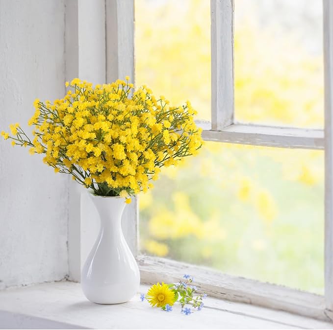 N&T NIETING Babys Breath Artificial Flowers Bulk, 10Pcs Fake Gypsophila Bouquet Flowers Real Touch Faux Babies Breath Arrangement for Wedding Floral Party Home Centerpieces Vase Decoration, Yellow